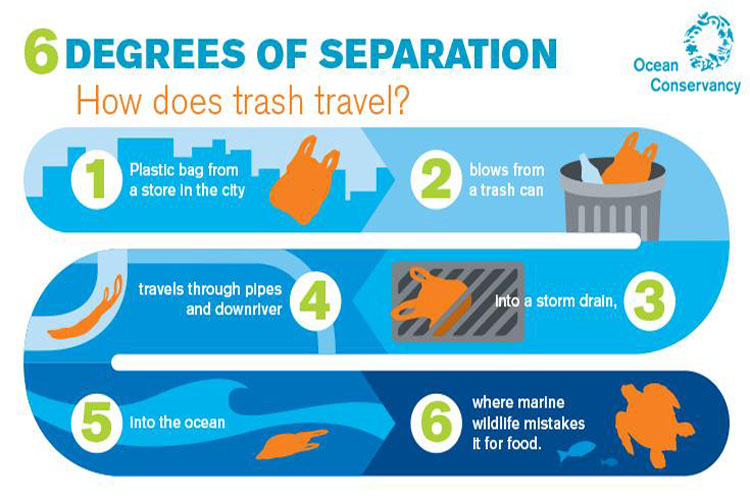 Du trottoir au collecteur d'eaux pluviales, les déchets sauvages de l'intérieur des terres restent rarement au même endroit. Image tirée de : Ocean Conservancy 2015 Report.