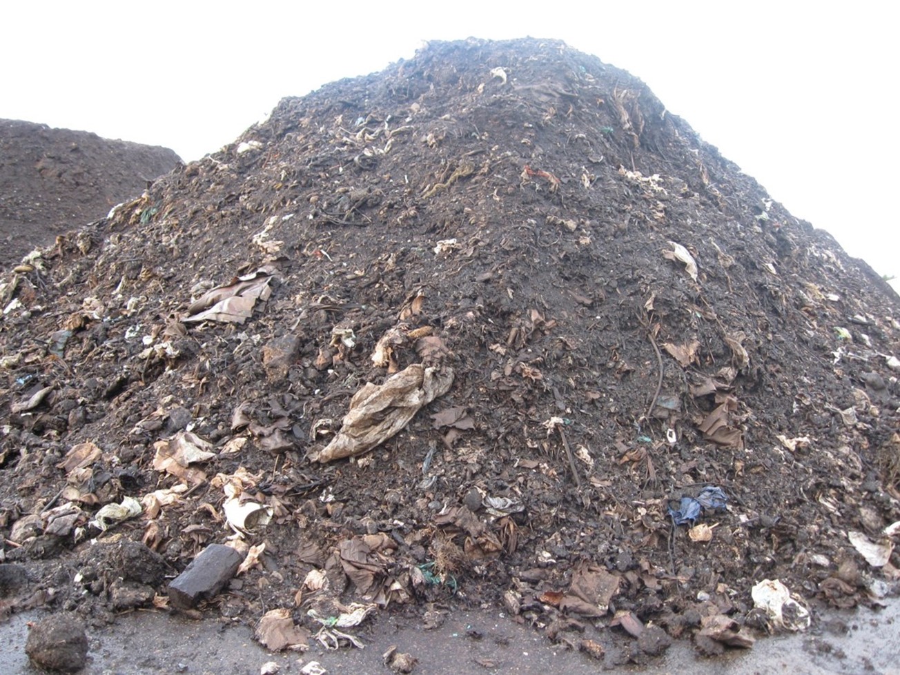 La photo montre un tas de compost contaminé avant le tamisage.