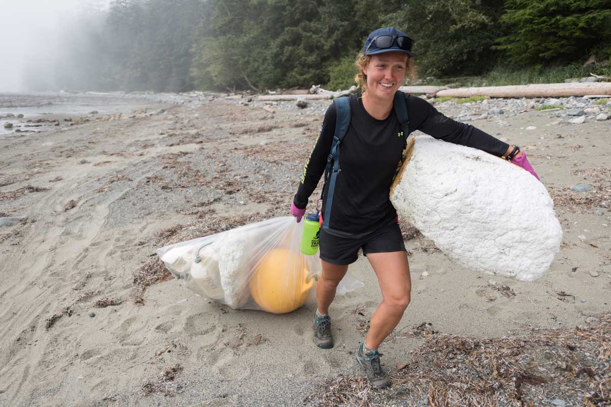 Rachel cleaning up one of the ‘styrofoam monsters’ on the West Coast Trail.